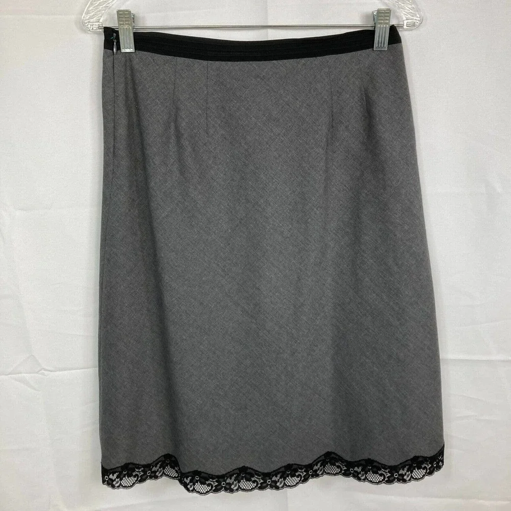 The Limited Skirt Womens Sz 2 Gray Black Wool Silk‎ A Line Midi Lace Trim